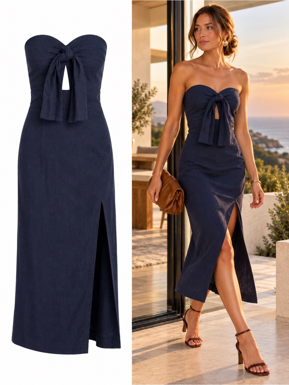 Finders Keepers Limoncello Navy Linen Blend Strapless Cutout Midi Dress Sz Large